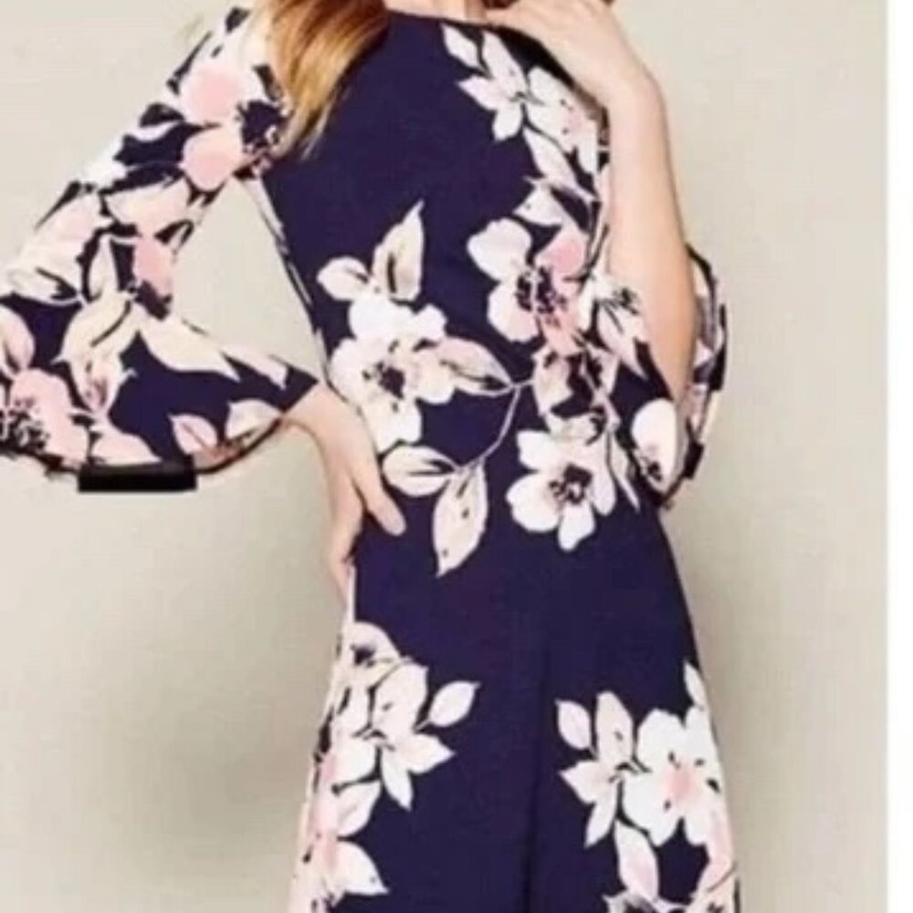 Eliza J Deep Blue/Black Pink Floral Long Sleeve Dress